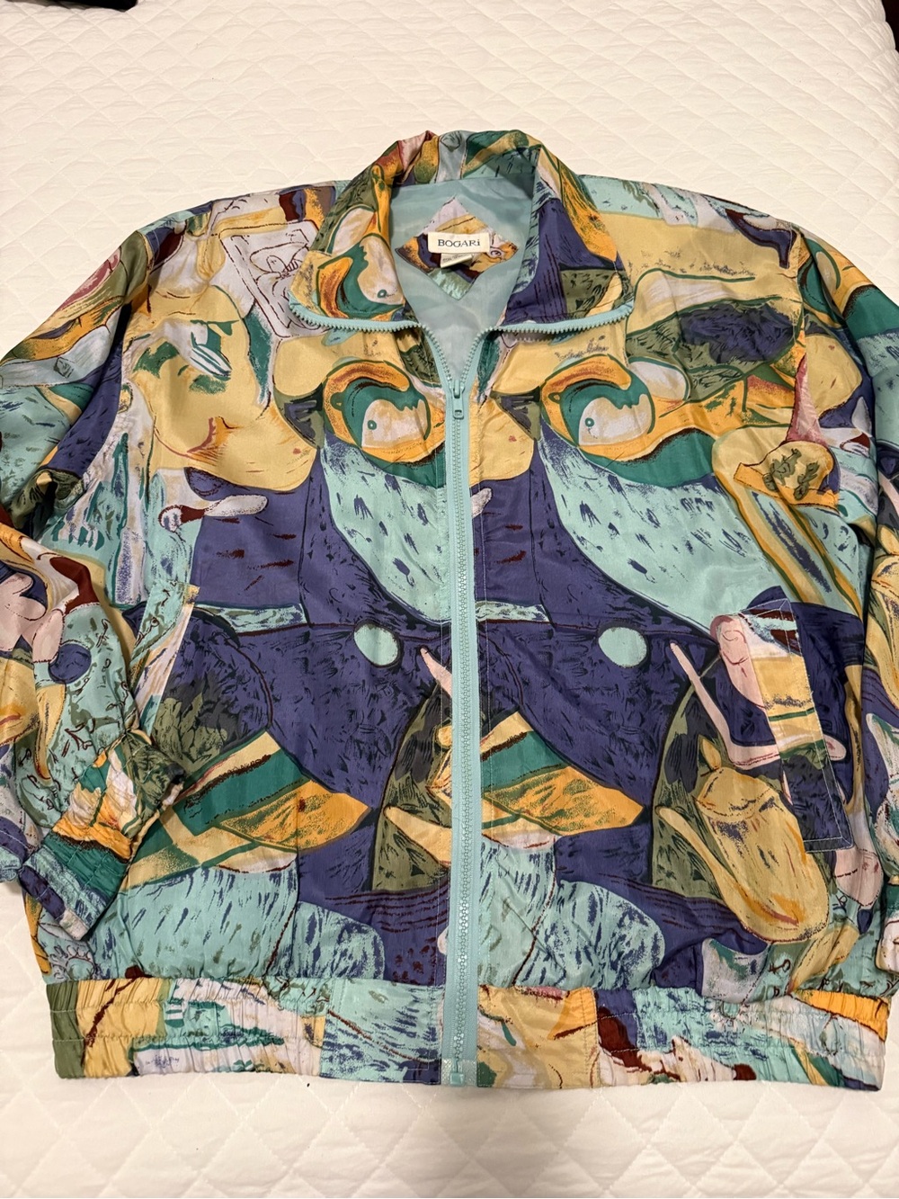 Bogari Vintage 100% silk abstract Pattern Lightweight Zip Jacket fully lined